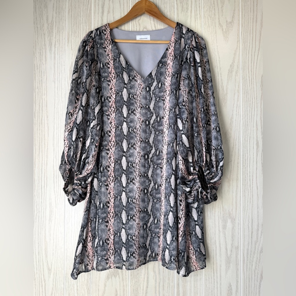 Adrienne Snakeskin Print V-Neck Dress Balloon Sleeve Size M